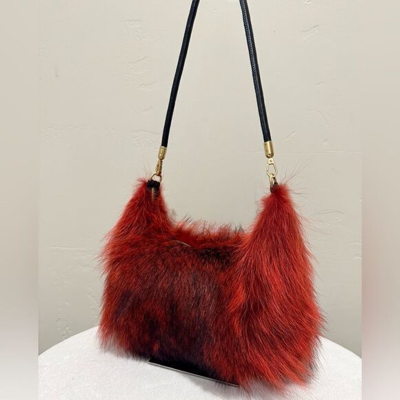 Burnt Orange Real Raccoo Fur Slouchy Bag/Hobo Bag/ Crossbody/Multi Use Style - Picture 12 of 16